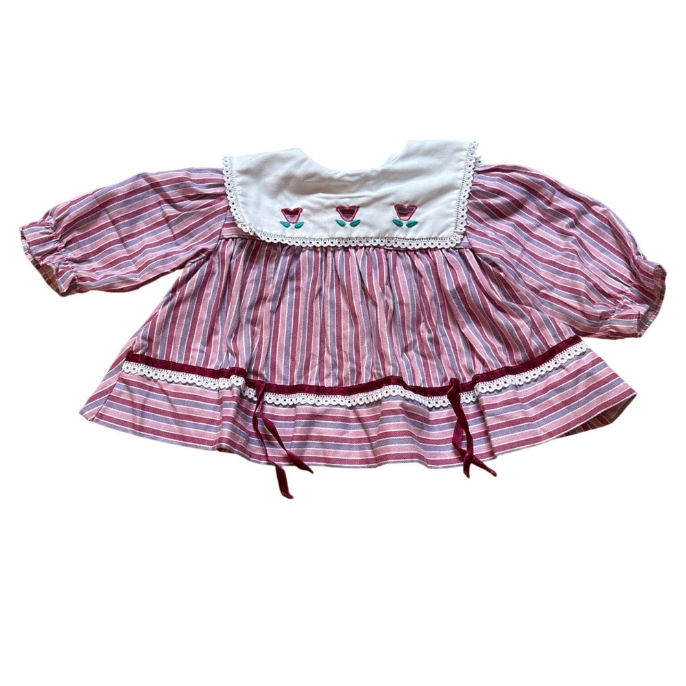 Vintage Blouse Kids Pink Good Striped Bib‎ Collar SIZE 12 Months
